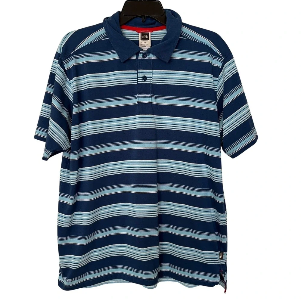 The North Face Mens Large Polo Shirt Blue Striped Short Sleeve Outdoors Hiking